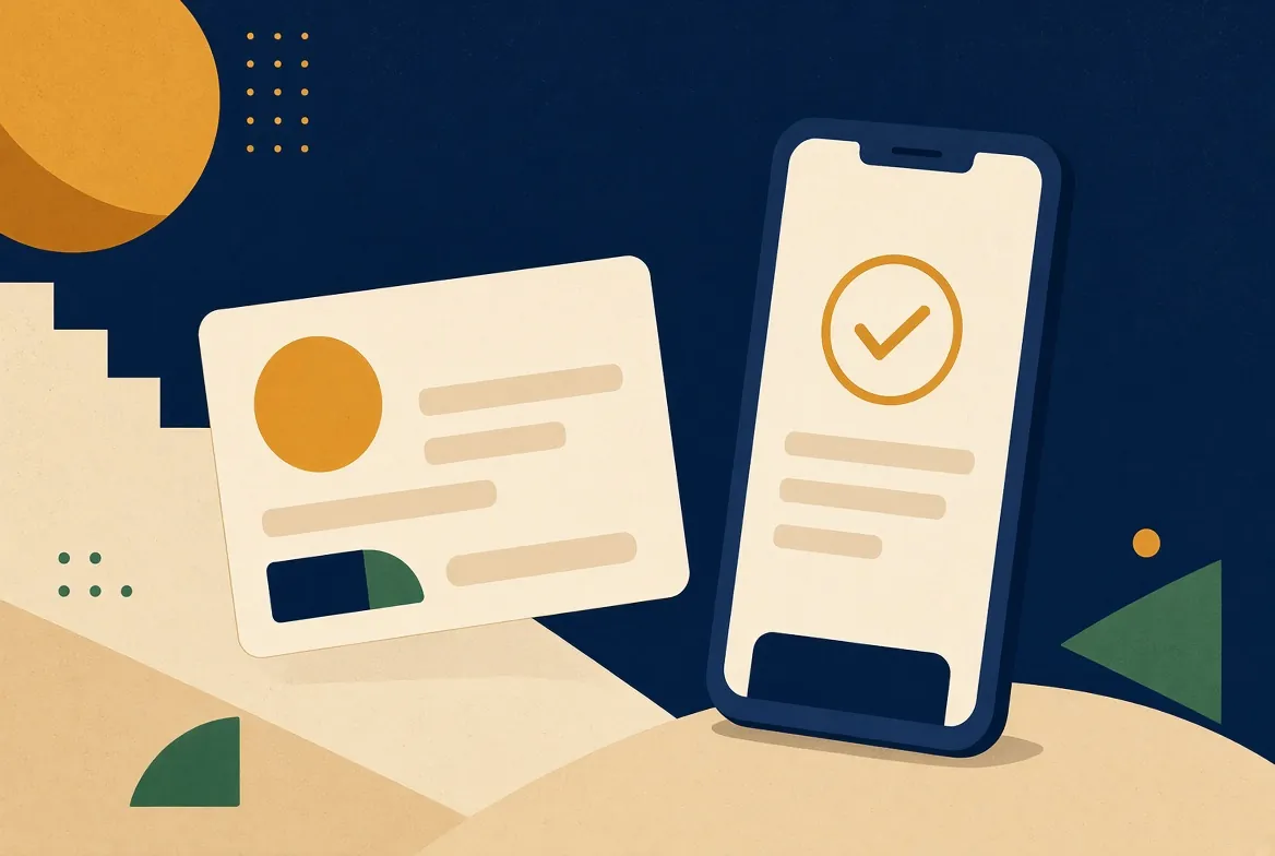 Ilustración de una identificación genérica junto a un teléfono con la solicitud aprobada