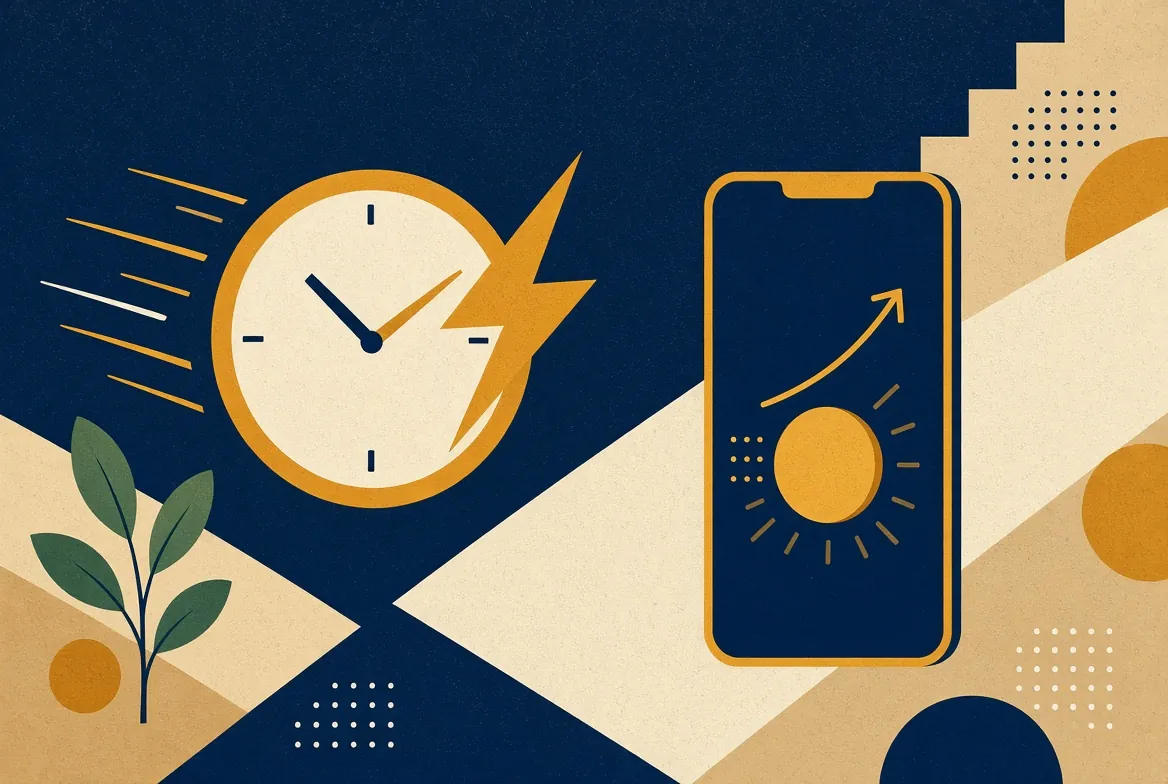 Ilustración de rapidez: un reloj con un rayo junto a un teléfono que recibe un depósito
