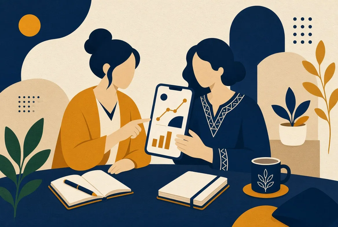 Ilustración del equipo editorial: dos mujeres revisan juntas una app de préstamos en un teléfono