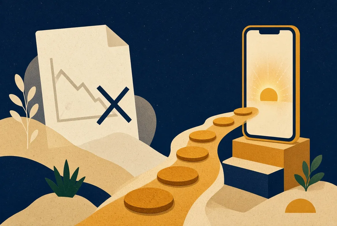 Ilustración conceptual: un camino de monedas deja atrás un reporte tachado y llega a un teléfono con una solicitud aprobada