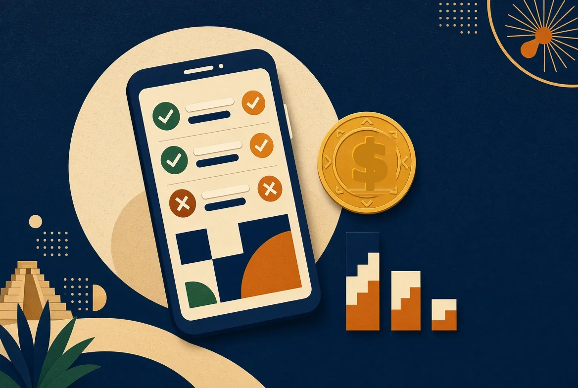 Ilustración editorial: un teléfono con la lista de verificación de una app de préstamos —puntos aprobados y uno rechazado— junto a una moneda dorada de peso